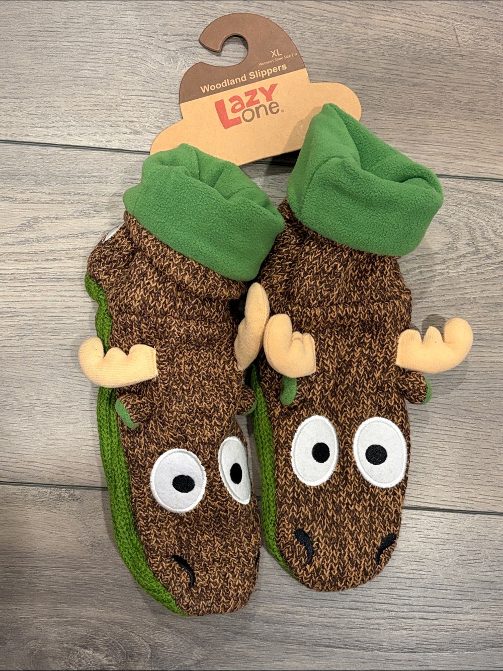 Lazy One Brown & Green Moose Woodland Slippers 7-9